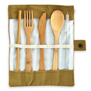 Klarstein Úti evőeszköz készlet, barna borítóban, 5 darabos készlet, feltekerhető, bambusz