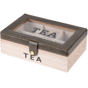 Filteres tea tárolódoboz bőrrel, 24 x 16 x 8 cm, szürke