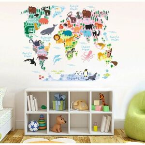 Gyermek állatos világtérkép öntapadó dekoráció, 90 x 70 cm