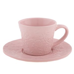 Kerámi csésze és csészealj  rózsaszín virág, 220 ml