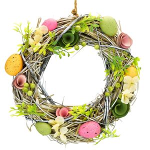 Lorato húsvéti fonott koszorú tojásokkal és virágokkal, átmérő 30 cm