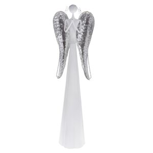 Nagy, fém, LED-es imádkozó dekor angyal, 16 x 55 x 9,5 cm, fehér