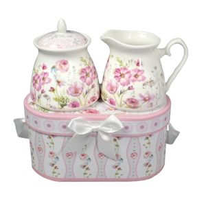 Porcelán cukortartó és tejkiötő készlet  ajándékcsomagolásban Rózsaszín virágok
