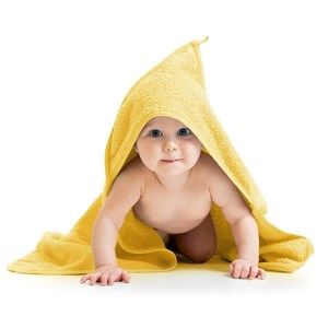 Kapucnis baba törölköző, sárga, 80 x 80 cm